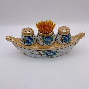 Peach Lustreware, Salt/Pepper/Toothpick Hldr, Boat, Birds/Blue Florals. Sweet!